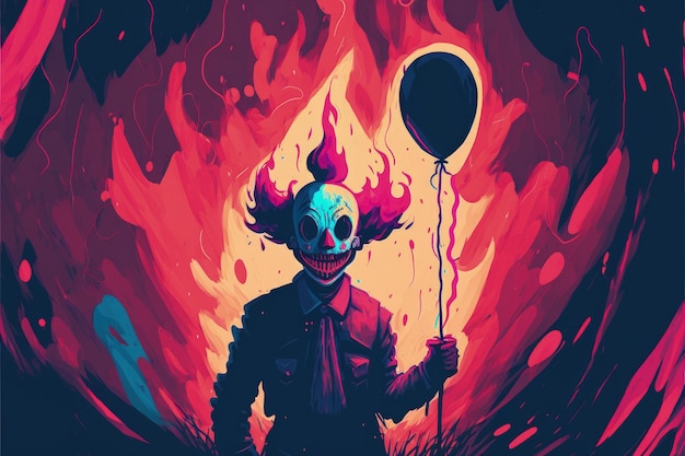 Malevolent clown with burning balloon against fiery background Fantasy concept Illustration painting Generative AI