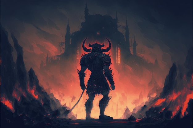 Malevolent demon standing atop the ruins amidst the blazing city Fantasy concept Illustration painting Generative AI