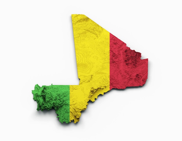 Mali Map Flag Shaded relief Color Height map on white Background 3d illustration