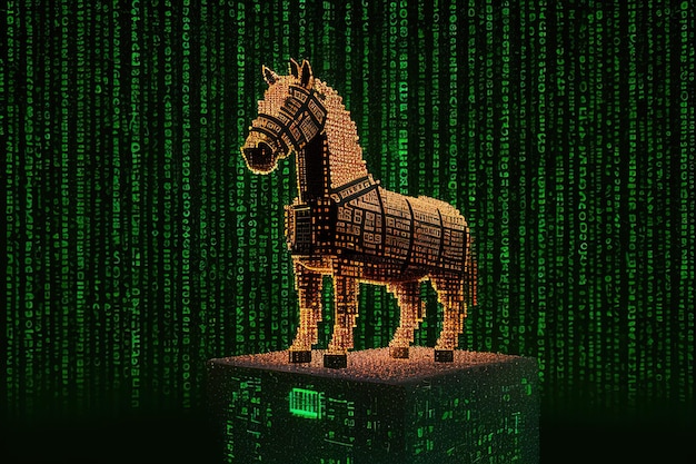 Malicious computer program Trojan horse Virus illustration in digital cyber space Generative AI