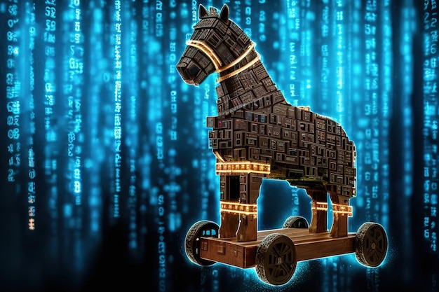 Malicious computer program Trojan horse Virus illustration in digital cyber space Generative AI