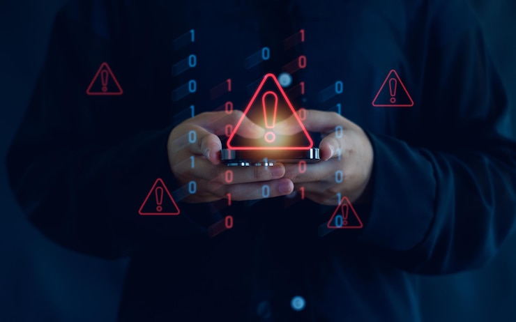 Photo malicious software virus and cybercrime system warning hacked alert cyberattack on online network data breach risk of website compromised information concept