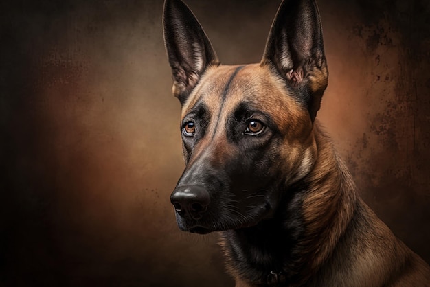 Malinois dog portrait head and shoulders on a tan backdrop