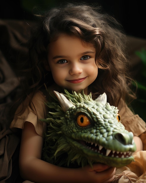 Photo mall attractive girl with long brown curls hugs a toy green dragon toy iguana or lizard imitation of