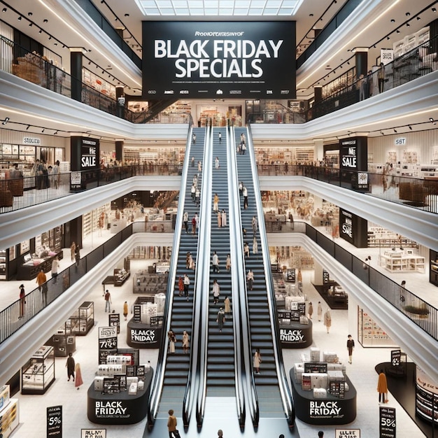 Foto centro commerciale con un grande cartellone pubblicitario che dice sconti speciali per il black friday