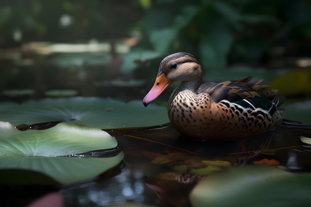 静かな蓮の池で泳ぐマガモ