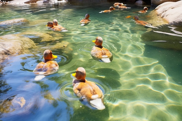 Foto anatre mallarde che nuotano in un fiume calmo con i riflessi del fogliame autunnale