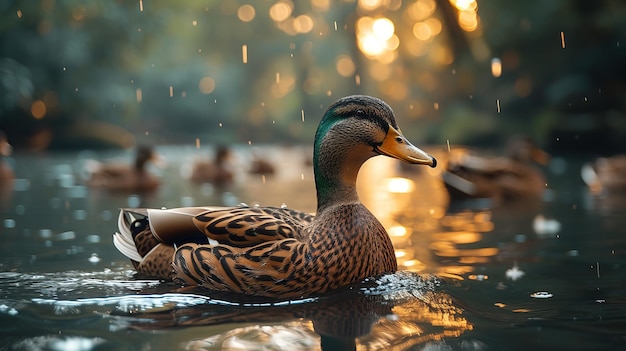 Mallard ducks swimming in a pond with water drops in the sunlight