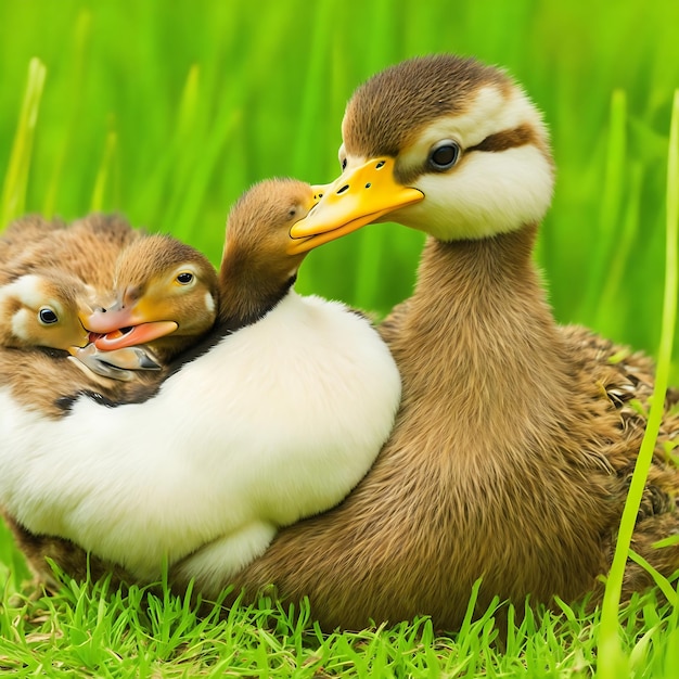 Photo mallard female duck whit ducklings swims on a lake from the danube deltaromania