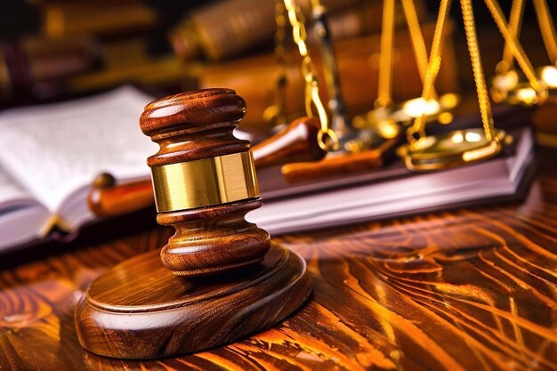 Mallet of judge gavel and scales of justice on wooden table