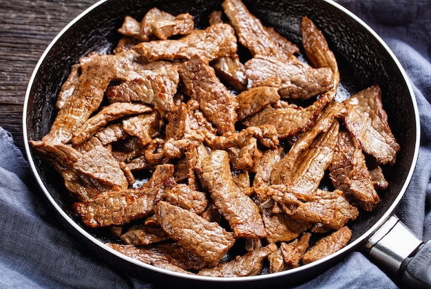 Mals en sappig gebakken ribeye biefstuk in reepjes gesneden, minuut steak, op een koekenpan op een donkere houten tafel, horizontale weergave van bovenaf