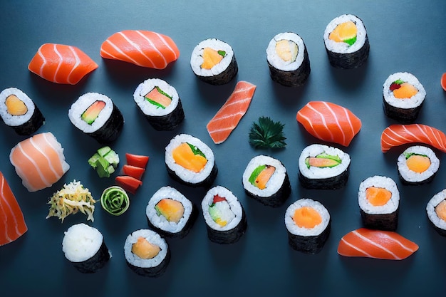 Malse filet van cringe fish en sashimi in grote sushi set