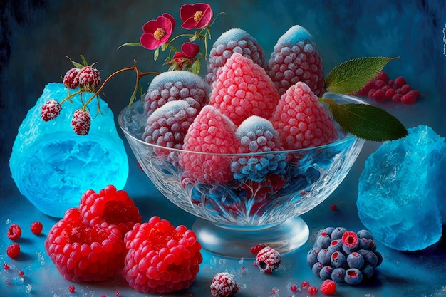 Malse frambozen en bevroren bessen in blauw en haar voor heerlijke desserts