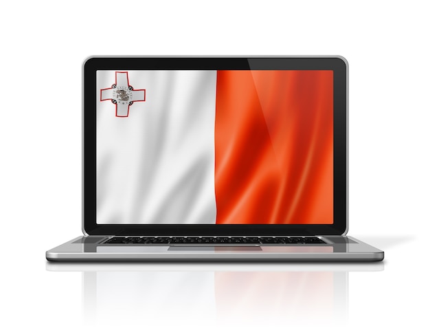 Bandiera di malta sullo schermo del computer portatile isolato su bianco. rendering di illustrazione 3d.