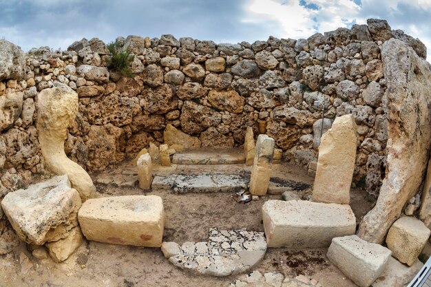 Malta Island, Gozo, the ruins of Ggantija Temples (3600-3000 BC), the megalithic complex was erected in three stages by the community of farmers and herders inhabiting the small island of Gozo. Ritual