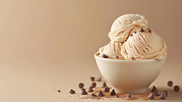 Malted milk ice cream on light beige backdrop with chocolate chips on top of it and big space for text or product advertisement Generative AI