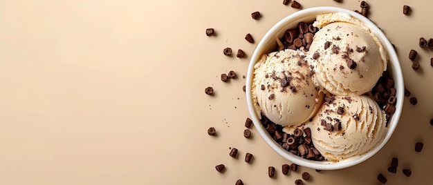 Photo malted milk ice cream on light beige backdrop with chocolate chips on top of it and big space for text or product advertisement generative ai