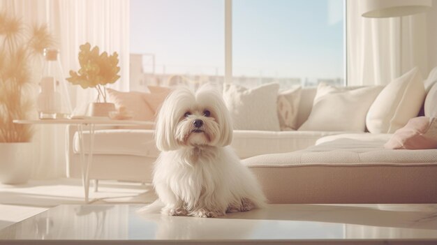 Maltese dog in a chic urban apartment exemplifying the bond of pet care and modern living