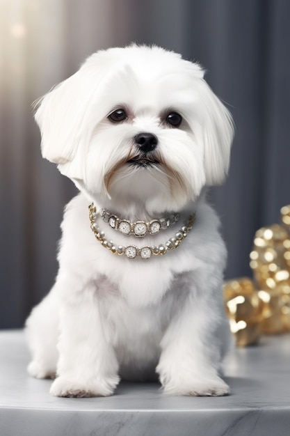 A maltese dog with a pearl necklace sits on a table.