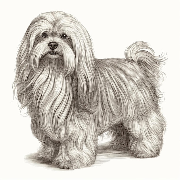 Maltese gravure stijl close-up portret zwart-wit tekening schattige hond