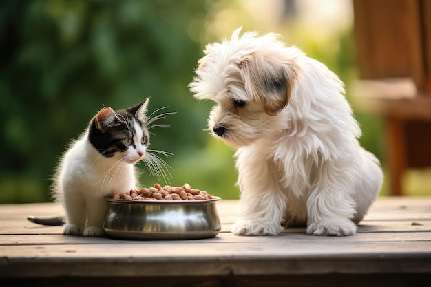 Maltese hond en zwarte kat eten uit een kom thuis