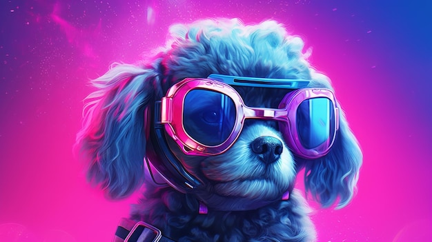 Maltese Poodle dog in VR goggles illuminated with pink light against neon blue background