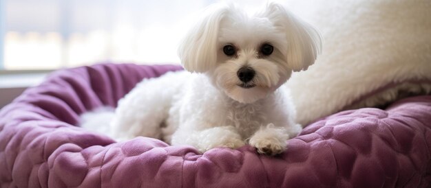 Photo maltese senior dog wearing warm clothes sits on the dog bed with round jabuticabalike eyes