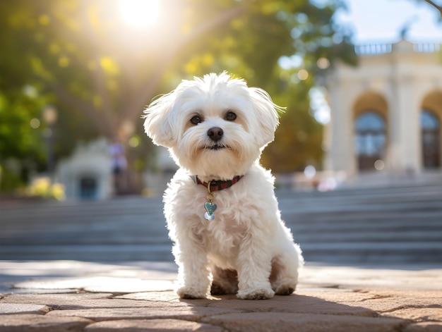 建物の前の階段に座るマルチーズの小さな白い犬