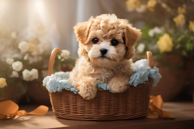 Maltipoo dog nestled in a charming basket