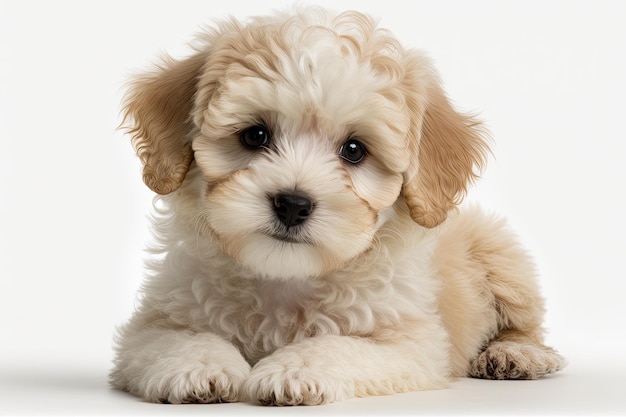 Maltipoo hond puppy schattig en poseren op witte achtergrond