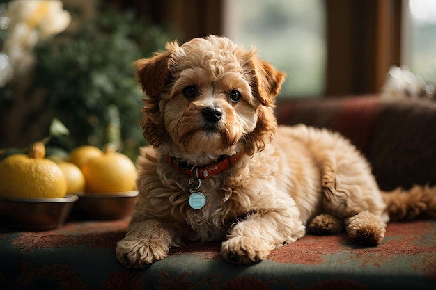 a Maltipoo puupy dog with a collar