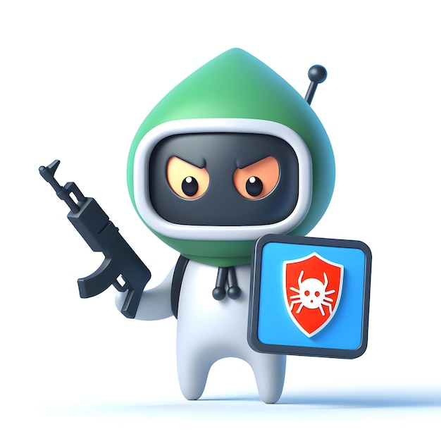 Malware Hunter concept as Armed with AntiVirus Software with white background and isolated cute car