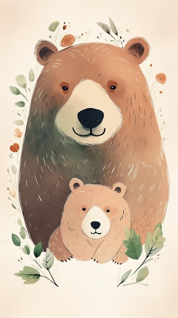 Фото Мама-медведь и малыш милый рисунок иллюстрации generative ai