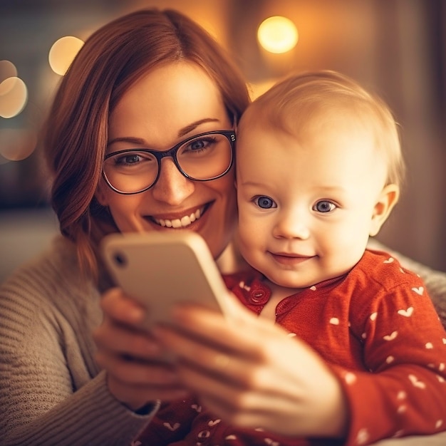 Mama laat haar baby een video zien op haar mobiele Ai gegenereerd