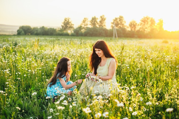 Mamma met baby op madeliefjegebied bij zonsondergang. toning