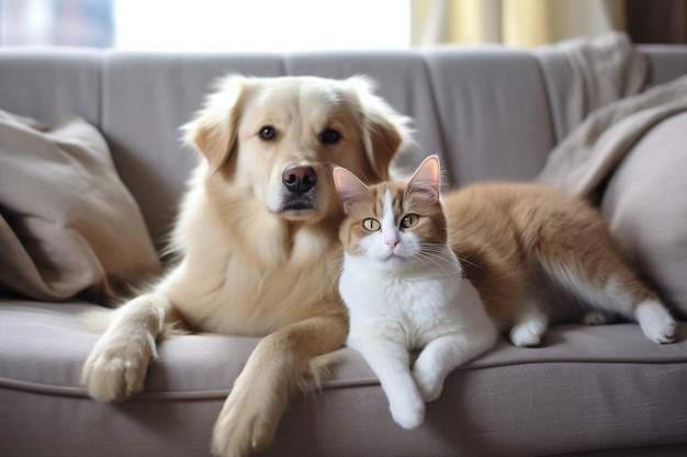 Mammal dog pets adorable kitten indoor domestic breed retriever cat animals cute together happy lovely lying friendship brown labrador funny rest friends fun