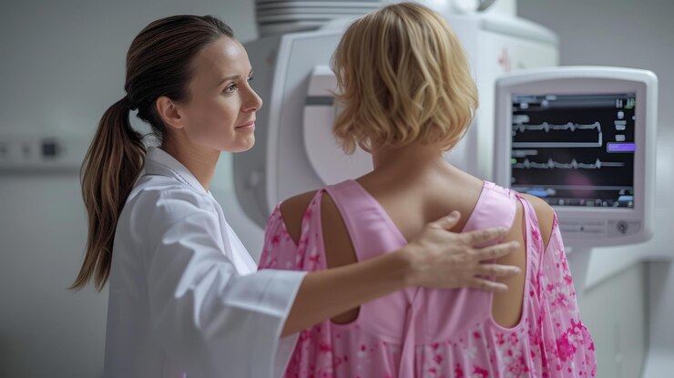 Photo a mammogram is performed by a mammography on the patient modern technologically advanced society is one that combines a number of factors