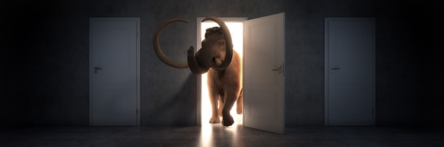 Mammoth walks into an open door 3d rendering