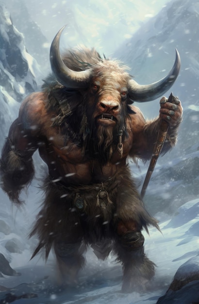 A mammoth with horns stands in a snowy landscape.