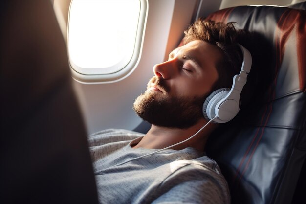 Man aan boord van een vliegtuig vindt gelukzaligheid in muziekgenererende AI