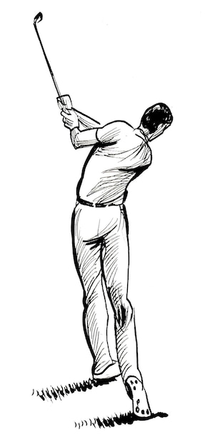 Man aan het golfen. Inkt zwart-wit tekening