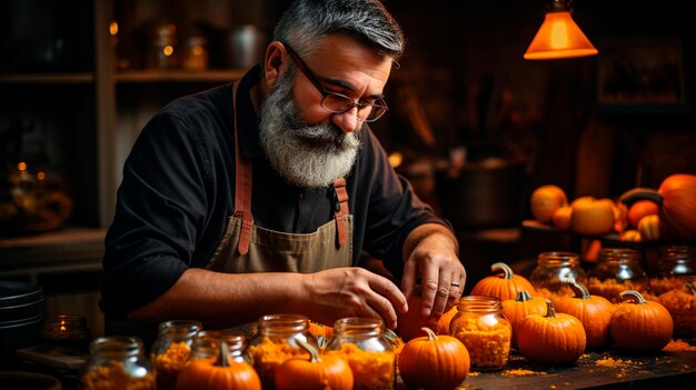 man aan het werk aan halloween tafel