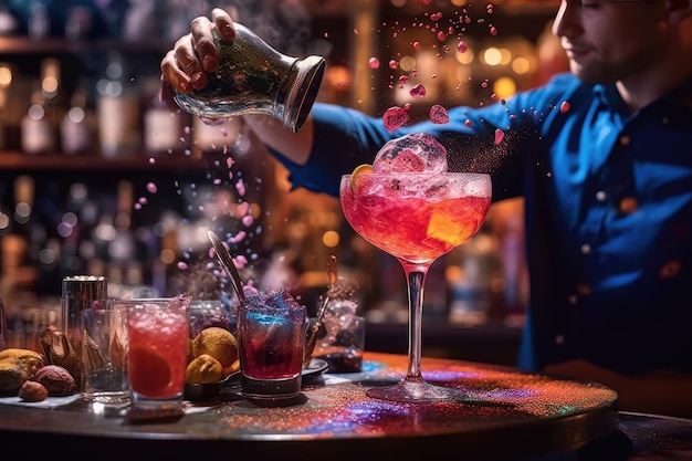 Man aan het werk in een bar die verschillende kleurrijke cocktails bereidt Concept van frisdranken en gastvrijheid