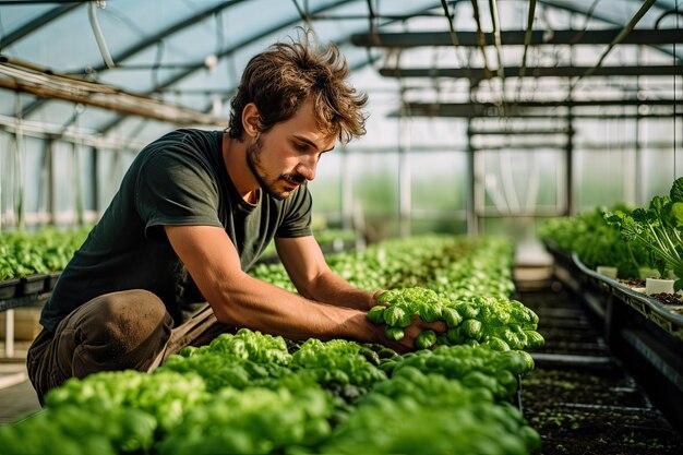 Man aan het werk in een groen huis dat groen plant