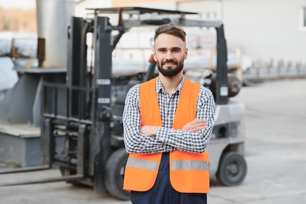 Man aan het werk in het magazijn en heftruck rijden