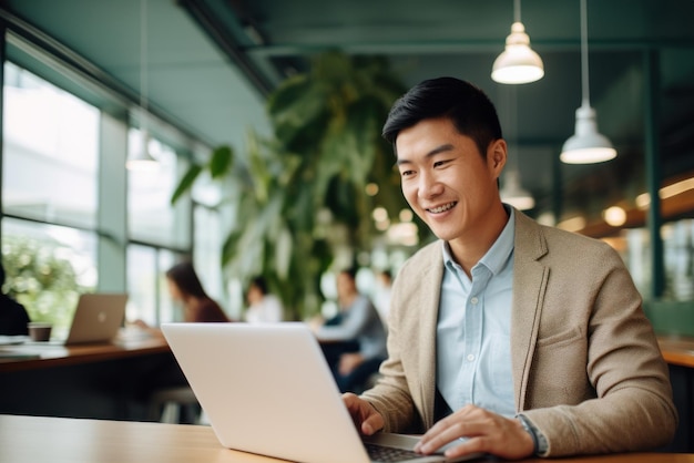 Man aan het werk met computerlaptop op onscherpte kantoor achtergrond