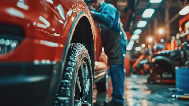 Man aan het werk op auto in garage