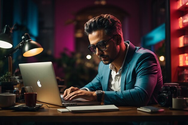 Man aan het werk op laptop via bureau