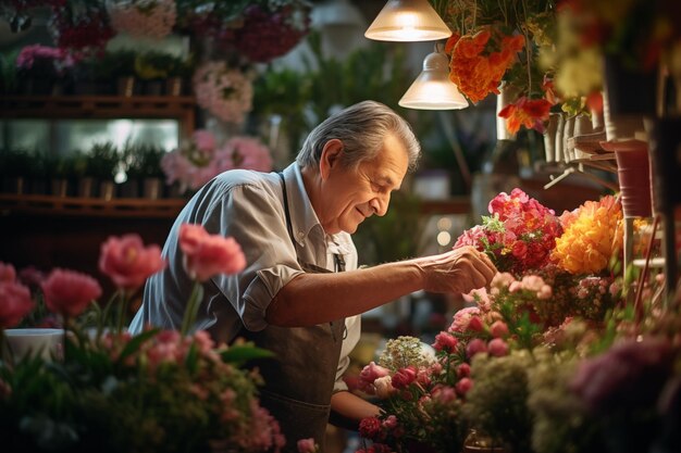 a man of about 65 years old in his flower shop after years of work about to retire