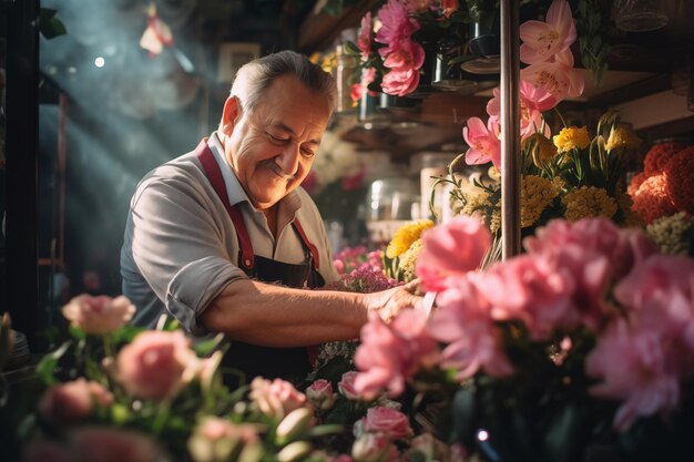 65歳くらいの男性が花屋で何年も働きながら引退を決めています